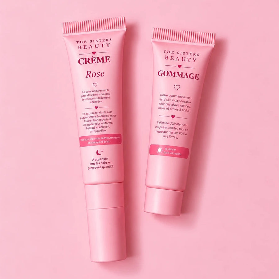 Kit Recharge Lèvres Rosées : la Crème Rose et le Gommage sur fond rose